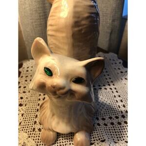 Beautiful Large Vintage Persian White Marcia Cat Green Jeweled Eyes. Ceramic